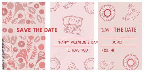 Valentine s day save the date cards with hearts doves and floral designs