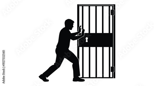 A man in silhouette pushing on a metal gate isolated on white background, Vector