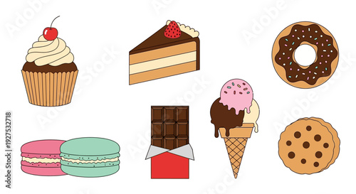 Assortment of sweet desserts cupcakes cakes doughnuts cookies and ice cream