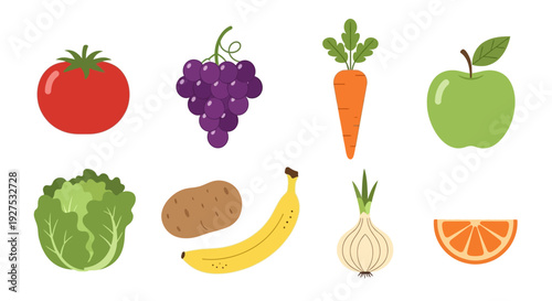Colorful illustration of various fresh fruits and vegetables on white background
