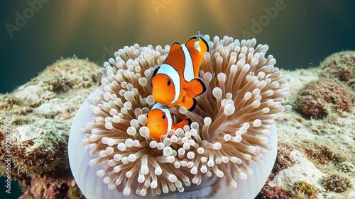 Coral Bleaching Clownfish in White Sea Anemone on Damaged Reef Symbolizing Fragile Marine Symbiosis