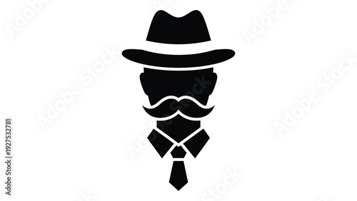 A black silhouette of a man with a hat and tie isolated on white background, Vector