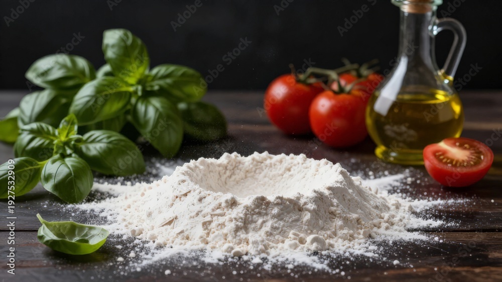 Fototapeta premium Scene Showing Various Pizza Items Laid Out With Natural Lighting Effect, Flat Layout Arrangement Of Different Ingredients Used In Making Pizza Under Natural Light Conditions