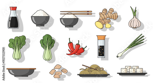 Asian cuisine ingredients vector illustration soy sauce rice vegetables and spices