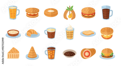 Assortment of food and beverage icons on white isolated flat design elements