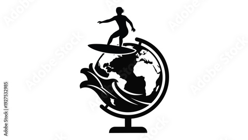 A surfer riding a wave on a globe isolated on white background, Vector