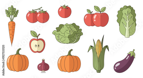 Vibrant vector illustration of various fruits and vegetables isolated on white
