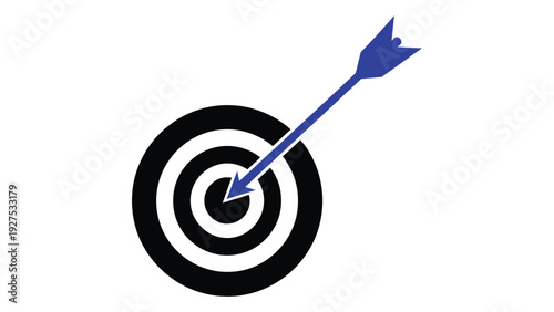 A blue arrow hits the center of a black and white target isolated on white background, Vector