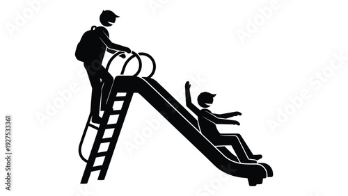A child going down a slide while another waits isolated on white background, Vector