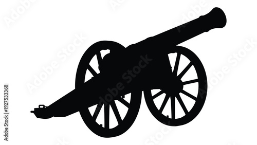 A black silhouette of an old cannon on wheels isolated on white background, Vector