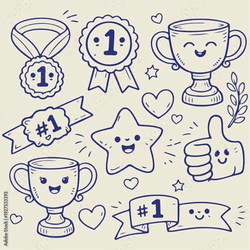 Cartoon Trophies Medals Stars Thumbs Up.