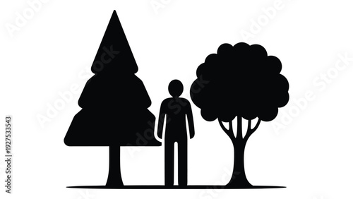A person standing between two trees in a simple black silhouette isolated on white background, Vector