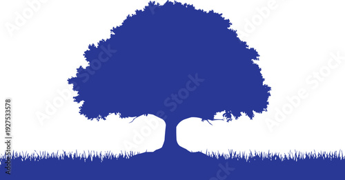 An interesting contrast is shown between the blue silhouette of a tree and the grass. The choice of blue can evoke a sense of calm and tranquility, which is often associated with nature 