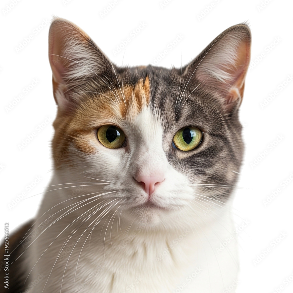 Obraz premium Closeup of a calico cat isolated on transparent background looking forward