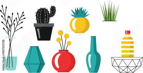 Houseplants and Vases Vector Illustration Set with Potted Cactus Succulents Floral Bouquets and Stylish Ceramic Pot Icons for Interior Home Decor