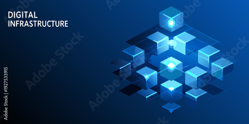 Abstract digital infrastructure concept with glowing isometric cube network