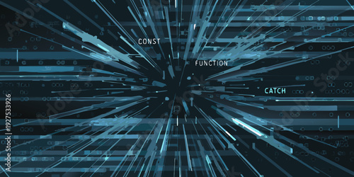 Abstract digital tunnel of code radiating from a central vanishing point