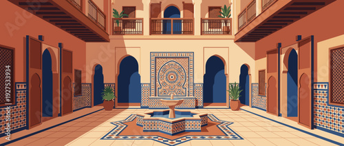 Traditional Moroccan Riad Courtyard Vector Illustration with Intricate Zellige Mosaic Tiles, Central Star-Shaped Fountain, Arched Doorways, Balconies, and Potted Plants in Warm Earthy Tones.