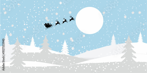 Santa claus flies across a winter landscape beneath a bright moon