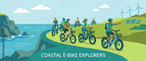 Flat vector illustration of a group of people on an electric bike tour exploring a scenic coastal path with wind turbines and solar panels, highlighting sustainable travel and green eco-tourism.