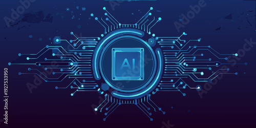 Abstract digital illustration featuring a central ai chip with glowing connections
