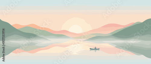 Peaceful dawn at a mountain lake with reflections and mist, flat vector illustration. A person in a canoe paddles across calm water under a soft sunrise, minimalist landscape background design.