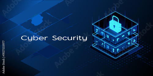 Isometric illustration depicting cyber security with a glowing padlock design