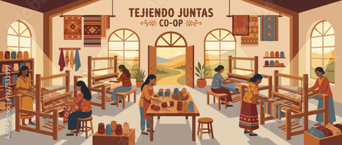 Flat Vector Illustration of a Traditional Weaving Cooperative with Indigenous Women Working at Large Wooden Looms, Creating Colorful Textiles, Rugs, and Fabrics in a Sunny Workshop Studio.