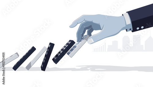 Businessman Hand Stopping Falling Dominoes Chain Reaction Vector Illustration. Concept of Risk Management, Crisis Intervention, Leadership, and Strategic Problem Solving in Corporate Business.
