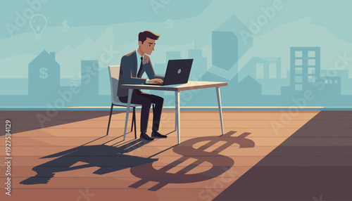 Businessman working on a laptop at a desk with a large dollar sign shadow, conceptual vector illustration of hard work, financial success, wealth creation, and career growth in a modern city.
