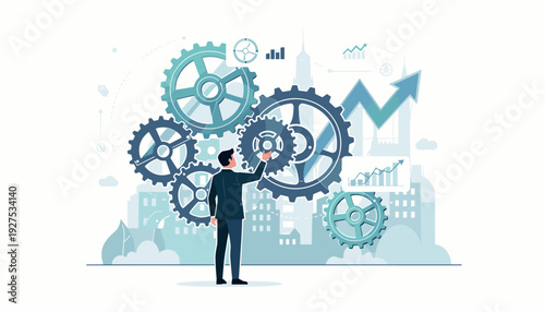 Businessman putting a missing gear into a large cogwheel mechanism, representing business process optimization, development strategy, corporate growth, and successful management in a city skyline.
