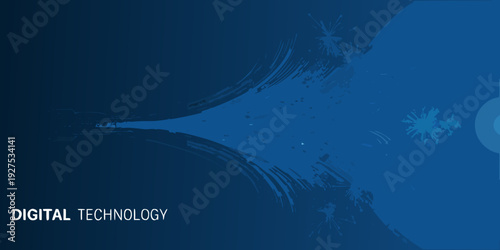 Abstract blue background with a burst of digital particles and text