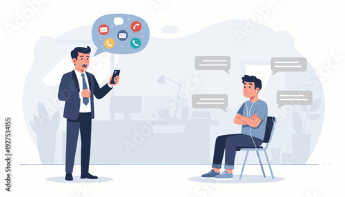 Businessman in Suit Attempting to Communicate with a Young Man Wearing Earphones Who is Ignoring Him; Concept of Failed Communication, Customer Service Issues, and Digital Distraction at Work
