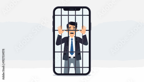 Businessman Trapped Inside a Smartphone Behind Jail Bars Representing Digital Addiction and Technology Dependence, Concept of Social Media Prison, Mental Health Stress and Mobile Phone Isolation