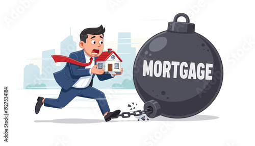 Stressed Businessman Holding a Small House Model and Running Away from a Heavy Weight Labeled Mortgage Chained to His Ankle, Financial Debt and Real Estate Crisis Concept Vector Illustration