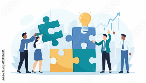 Business Team Collaborating to Solve Problems with Jigsaw Puzzle Pieces and Lightbulb Idea. Concept of Teamwork, Innovation, Strategy, and Success in Corporate Environment Vector Illustration.
