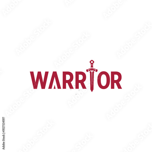 Minimalist Red Warrior Sword Wordmark Icon for Gaming and Heroic Brand White Background. Vector Logo Design.