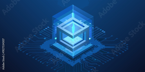 Abstract geometric shape with blue glowing lines and circuit board details