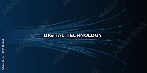 Abstract blue background with radiating lines and the text digital technology