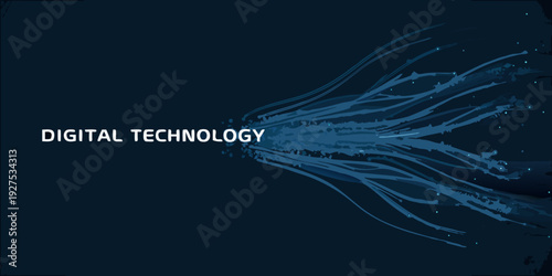 Abstract digital technology background with flowing lines and text
