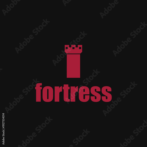 Minimalist Red Fortress Tower Icon for Security and Defense Brand Black Background Vector Logo Design.