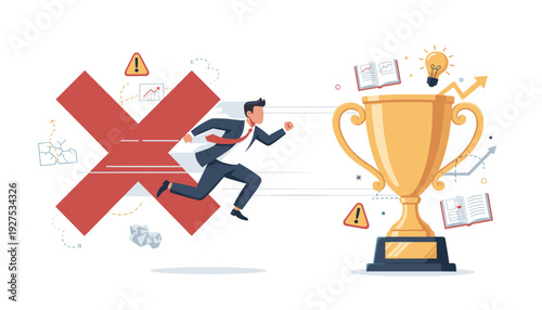 Businessman in Suit Running from Large Red Cross Mark Towards Golden Trophy Cup, Learning from Mistakes for Career Growth, Overcoming Failure to Achieve Success and Professional Mastery.