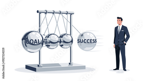 Business Success and Goal Achievement Concept Illustration with a Businessman Standing by a Newton's Cradle, Showing the Impact of Setting Goals to Reach Successful Outcomes and Momentum.
