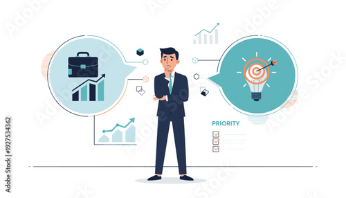 Businessman making a choice between business growth and creative innovation. Concept of strategic decision making, prioritizing tasks, and analyzing options for future success in corporate world.