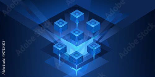 Abstract geometric structure of glowing blue cubes in a digital space