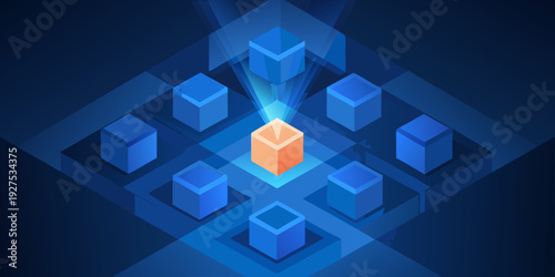 Abstract blue and orange cubes forming a network connection illustration