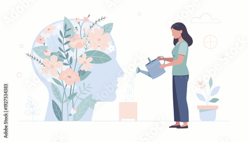 Mental Health Care and Psychological Therapy Concept with a Woman Using a Watering Can to Irrigate Blossoming Flowers Inside a Human Head Profile for Self-Care, Wellness, and Emotional Growth