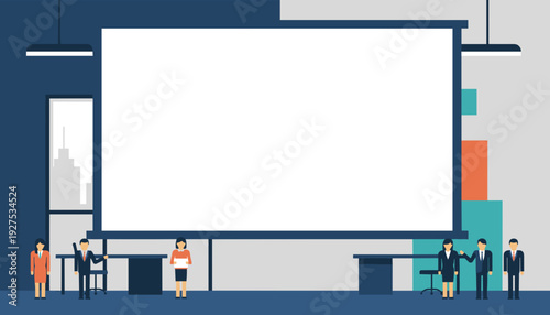 A group of business people stand around a large blank projection screen in a modern office setting, ready for a presentation.