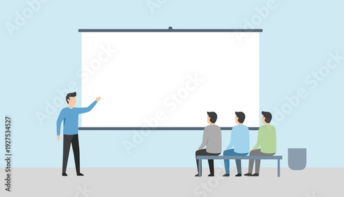 A man presenting to a small audience in a meeting room with a large blank projection screen.