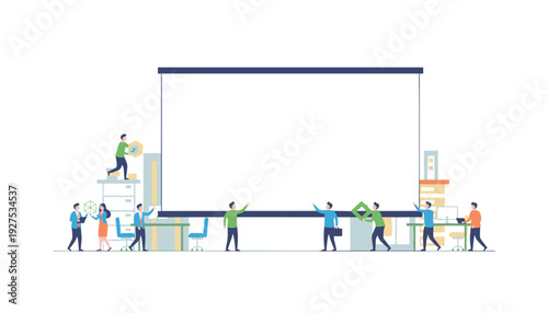 Small business people setting up a large blank screen for a corporate presentation or meeting.